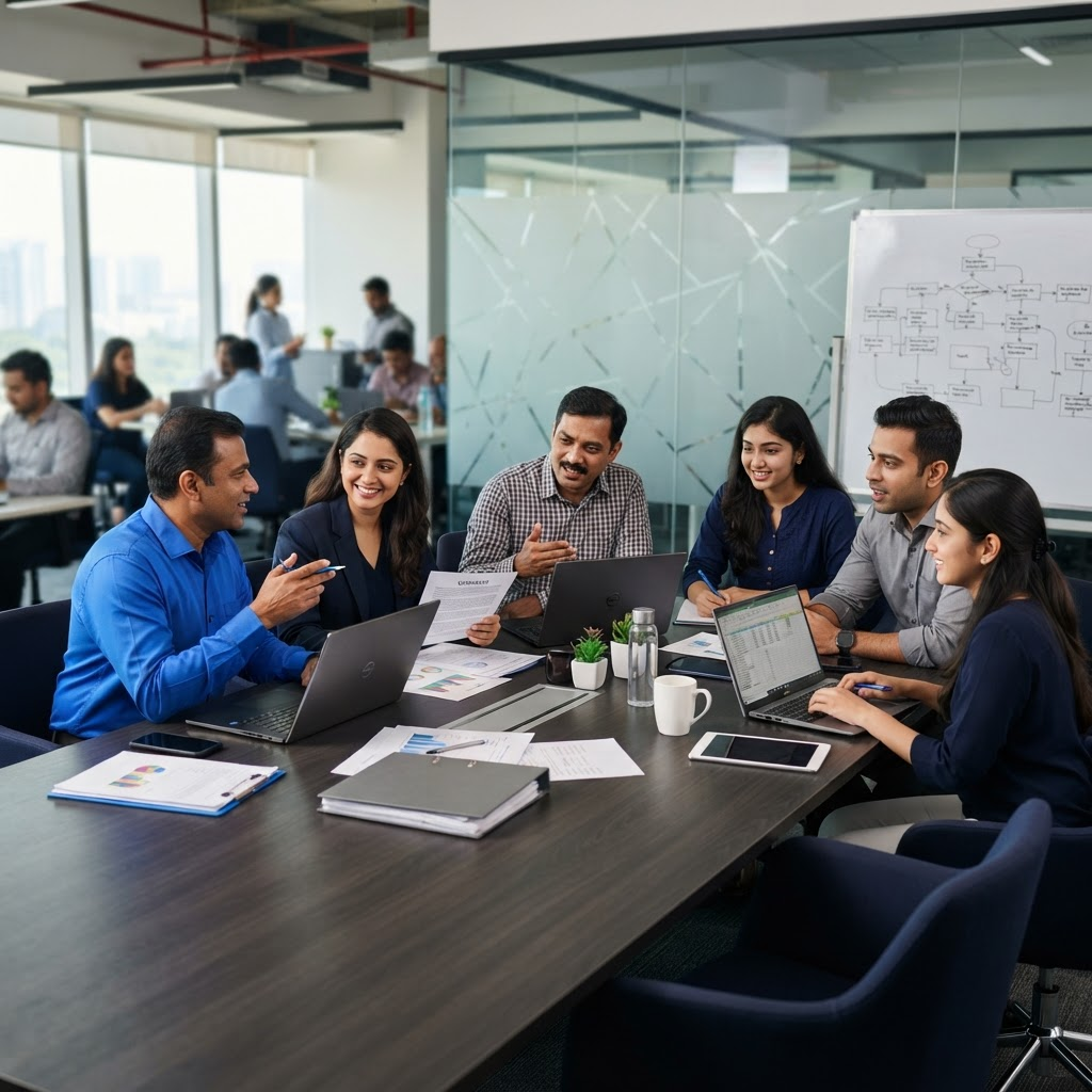 Corporate operations team coordinating vendors and business support