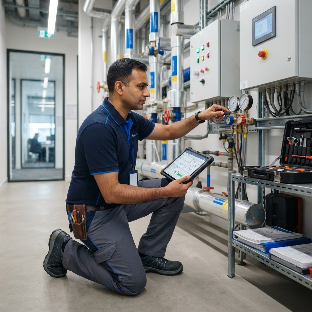 Facility maintenance technician inspecting a commercial workplace